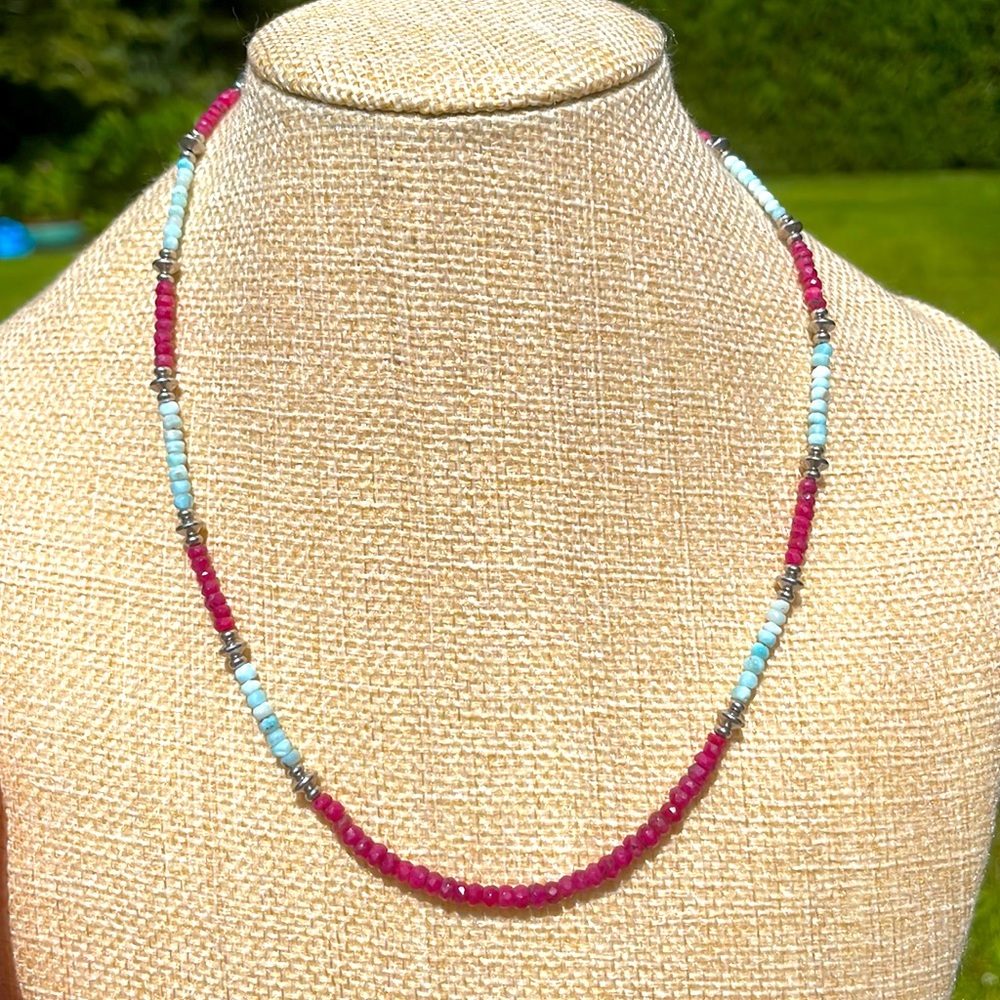Dominican Larimar and Ruby Stainless Steel Necklace 16.5-17.5” 💙❤️